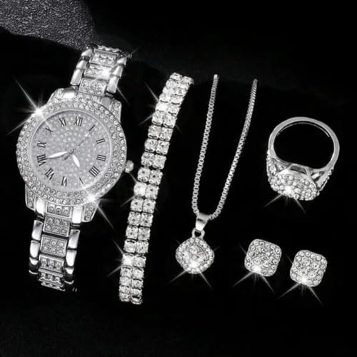 Image of PureBowlic Women's Five Piece Diamond Encrusted Watch Set,Stainless Steel And Alloy Bracelet Strap Quartz Watches For Creative Edge Design For Formal And Casual Wear(Silver)