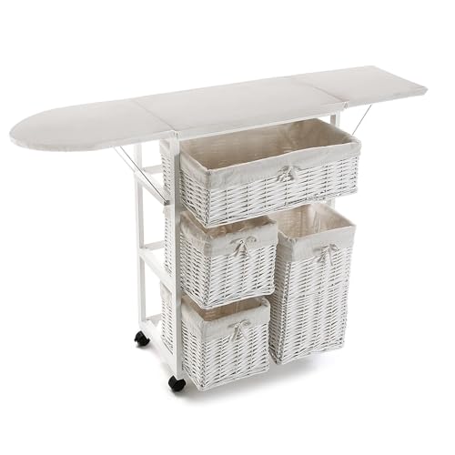 DRW Mueble planchador Blanco con cestos y Ruedas 64x36x89 cm Cerrado; 121cm x 32cm x 89cm