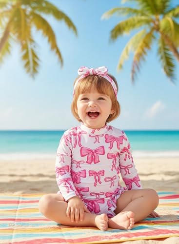 Image of Renotemy Baby Girls Swimsuit Drawstring Zip Bathing Suit Long Sleeve One-Piece Rash Guard Swimwear with Hat for Infant Girl