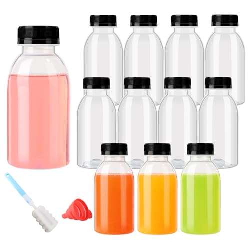 YBCPACK 12 Pack Heat Resistant Reusable Plastic Juice Bottles with Lids 250ml/8oz Empty Shot Bottles for Hot and Cold Drinks, Water, Juice, Milk, Smoothie, Ginger (Dishwasher-Safe)
