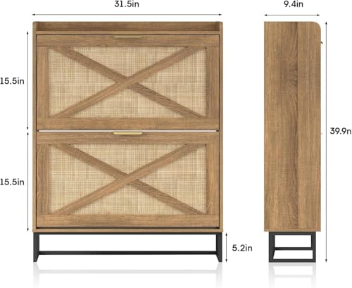 Image of The Artment your artistic apartment Raya Shoe Cabinet Modern Rattan & Wood Storage Organizer | Dual Flip-Drawers, Metal Base, Slim Entryway Shoe Rack for Hallway, Bedroom | 8-14 Pairs