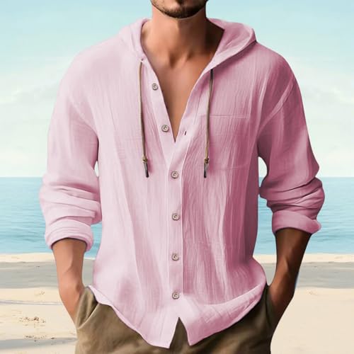 Mens Hoodies Linen Shirts Button Down Shirt Casual Hawaiian Beach Tops Lightweight Fashion Hoodie with Pocket4