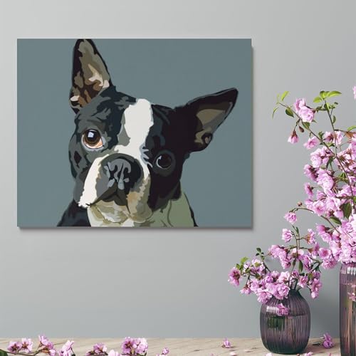 Lienzo enmarcado de Boston Terrier y oso, un cuadro colgante original para decorar tu salón 4