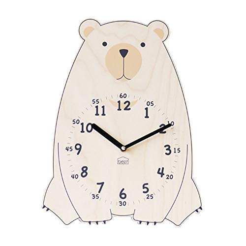 Silent Kids Wall Clock - Non-Ticking, Decorative, Cute Wooden Clock for Nursery, Children, Toddler, Baby Room, Battery Operated - Bear, Unicorn, Owl (Brown Bear)