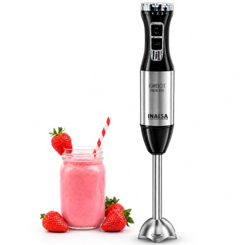 INALSA Stainless Steel Electric Hand Blender with 500W DC Motor|Variable & Turbo Speed|Super Silent|Ultra Sharp SS Blade & Detachable Stem|for Smoothie & Juices,Whip,Chop-RobotInox500,Black/Silver