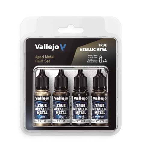 Vallejo True Metallic Metallfarben-Set, 4 Farben zum Lackieren von Metallen, inklusive Grundierung, Hell, Schattierung und Airbrush, für gleichmäßige und vielseitige Ergebnisse, BSL-Serie