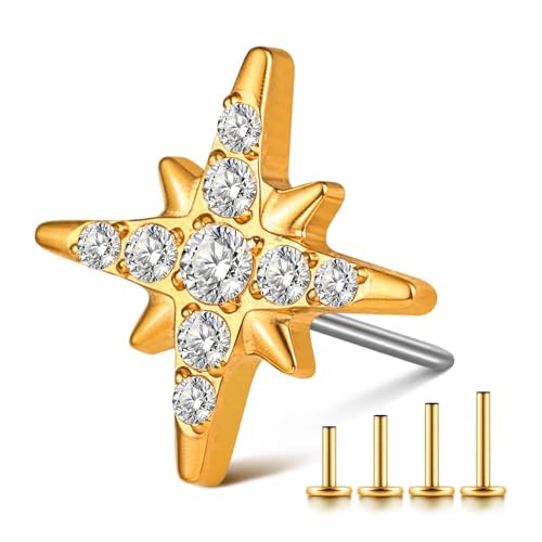 1PC ASTM F136 Titanium Threadless Super Stars CZ Tops Piercing studs for Conch,Tragus,Helix,Lobe Come With 4PCS Different Lengths Post F136 Titanium 16G 18G 20G Flatback earring nose Jewelry Gold Silver