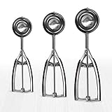 Millvado 3 Pack Stainless Steel Ice Cream and Cookie Scoops | With Black Rubber Grips – Spring Loaded Lever Design – For Sorbet, Melon, Meatballs, Muffins, and More – Includes 1 Oz, 2 Oz, 3 Oz Scoop