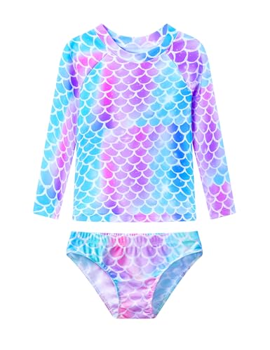 Girls Rash Guard Swimsuit Size 6-7 Years Old Blue Pink Mermaid Scale Bathing Suits Tankini Swimwear