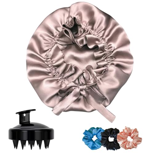 Image of Satin Hair Bonnet for Sleeping and Multi-Use with 3 Scrunchies and 1 Scalp Massager Brush | Anti-Hair-Breakage (Rose Taupe)