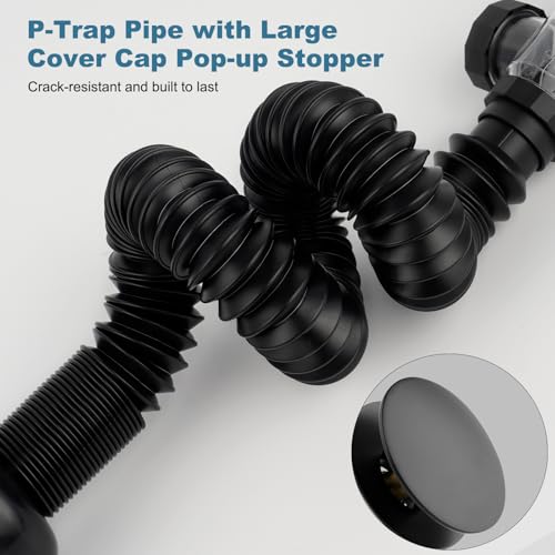 iFealClear Bathroom Sink Drain Kit, Flexible P-Trap Drain Pipe with Pop Up Stopper, Sink Pipe Replacement with 2 Adapters, Fits 1-1/4'', 1-1/2'', 2" Holes, Big Cover Cap, Brass Bounce Core, Black by iFealClear - Used condition - Image 6