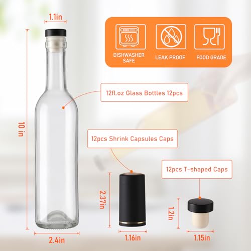 Alotpower Wine Bottles 12oz with T-top Caps & Seal Shrink Capsules Caps,12Pack Wine Bottles for Wine Making,Empty Wine Bottles for Sparkling Wine,Kefir,Beverages,Kombucha(12fl.oz, Set of 12)