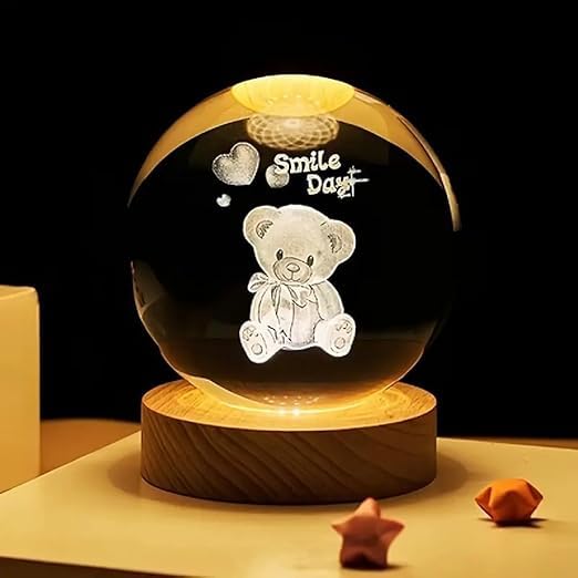 3D Teddy Crystal Ball LED Night Lamp with Wooden Base, Cute Bear Engraved Night Light, Warm White Lamp for Kids Room Nursery Gift