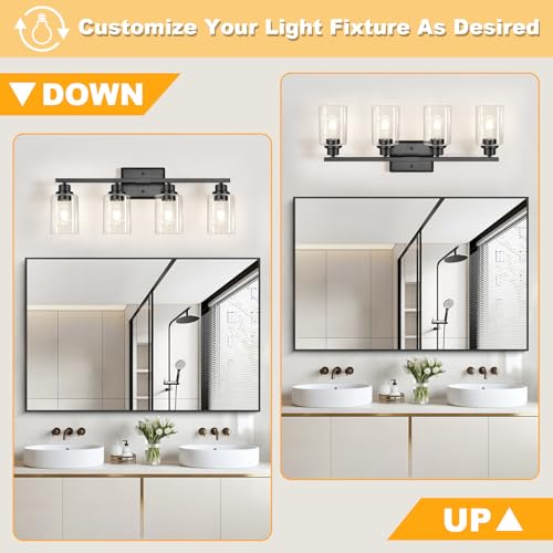 Image of Unicozin Modern Black Bathroom Light Fixtures, 4-Light Vanity Lights Over Mirror with E26 LED Bulbs Included, Wall Sconce with Clear Glass Shades for Living Room Bedroom Hallway Kitchen