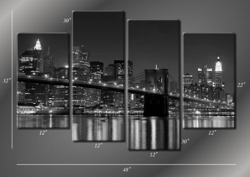 Picture Sensations Framed Huge 4-Panel Cityscape New York Skyline Brooklyn Bridge Giclee Canvas Print #TOP1