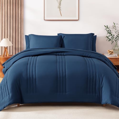 Image of Monbix King Size Comforter Set - 7 Pieces Serenity Blue Bed in a Bag, King Size Bedding Sets with Comforters, All Seasons Comforter with Sheets,Pillowcases & Shams