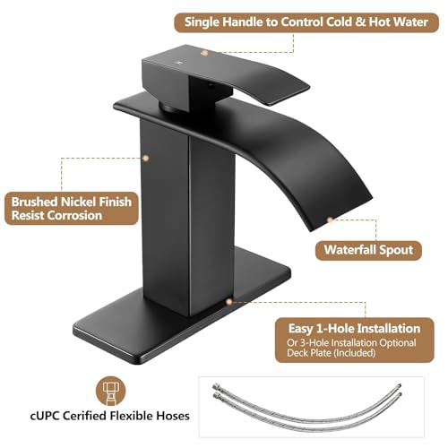 Fransiton Black Bathroom Faucet Bathroom taps 1 or 3 Hole Bathroom Sink Faucet Single Handle washroom Waterfall Faucet with Deck(Matte Black, No Drain) by Fransiton - Image 7