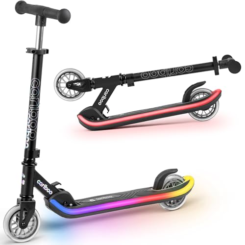 Cariboo Monopatín para Niños De 2 Ruedas con Luces LED, 5 Modos Multicolor Y 6 Colores Sólidos, Altura Ajustable, Plegable, ABEC7, LEDstar, Negro Marrón