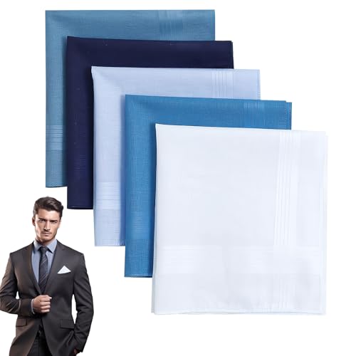 UOCAI 5 lenços de algodão para homem, 40 x 40 cm conjunto clássico de lenços de bolso macios para homem, 5 cores lenços homem fato, Azul céu, azul acinzentado, azul escuro, azul-marinho, branco, M
