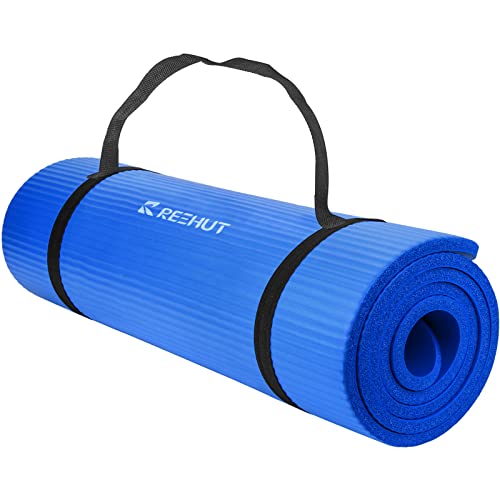 REEHUT 1/2-Inch Extra Thick High Density NBR Exercise Yoga Mat for Pilates, Fitness & Workout w/Carrying Strap (Blue)
