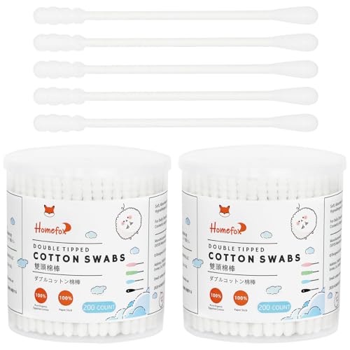 HOMEFOX Cotton Swabs Spiral Slim - 400 Count Organic Cotton Buds Double Side Tightly Wrapped Cotton Tips Paper Stick Soft Gentle Lint-Free Cruelty-Free, Round & Spiral (White)
