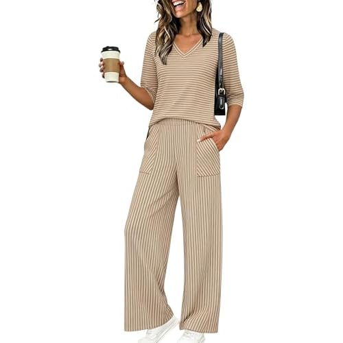LOMON Women's 2 Piece Lounge Pajama Sets Soft 3/4 Sleeve Tops and Wide Leg Pants Loose Casual Outfits with Pockets Stripe-brown X-Large