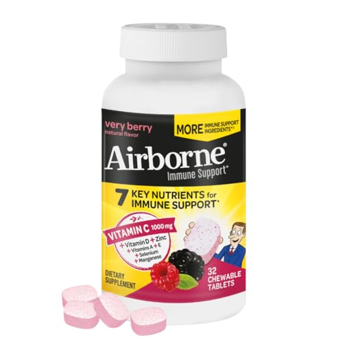 Airborne Vitamin C 1000mg (per Serving) Very Berry Chewable Tablets (32 Count in a Box), Gluten-Free Immune Support Supplement, with Vitamins A C E, ZINC, Selenium, Echinacea & Ginger, Antioxidants