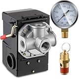 Dreyoo Air Compressor Pressure Switch 135-175 4-Port 20 Amp with 0-200 PSI Gauge and 200 PSI Safety Relief Valve, 1/4