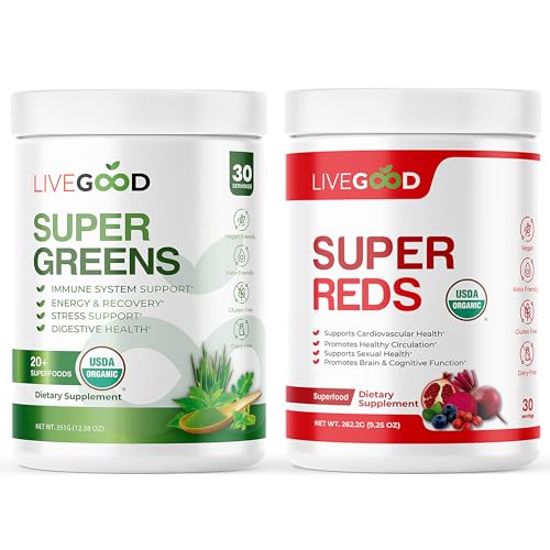 LIVEGOOD™ Organic Super Greens & Super Reds Bundle with Wheat, Barley, Matcha Green Tea, Aloe, Beet Root, Pomegranite, Vegan, Gluten-Free