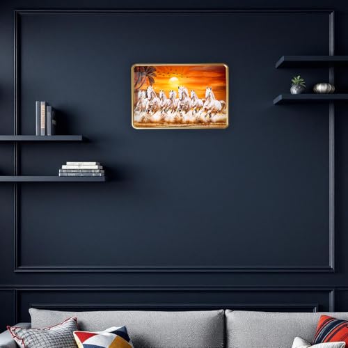 Image of 7 Running Horses Photo Frame, Ultra High Gloss Lamination, Vastu Painting for Living Room, Office, 12x18 Inch (Design 14)
