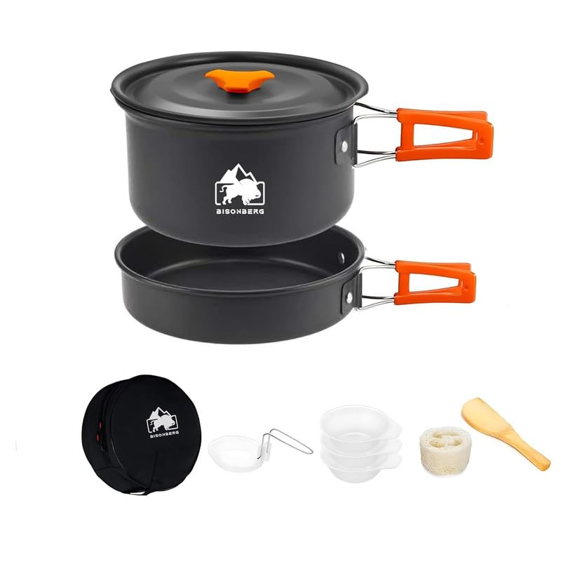 Image of BISONBERG 8 Pcs Camping Cookware Set, Mess Kit, Camping Accessories for Outdoor, Camping Utensils with Carry Bag, Camping Bowl Pot Pan Set - Nonstick Aluminum - for 2 People
