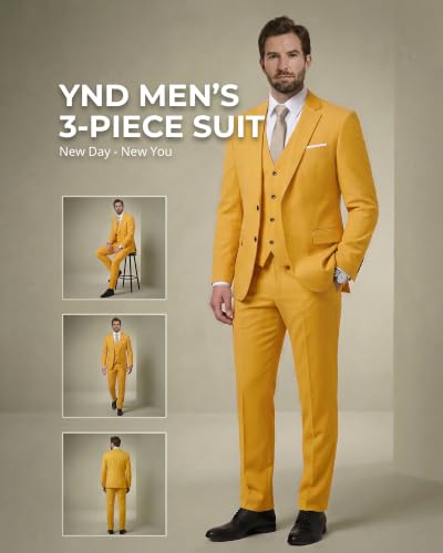 Image of YND Men's 3 Piece Suit with Tie, Solid Color Slim Fit Jacket Vest and Pants