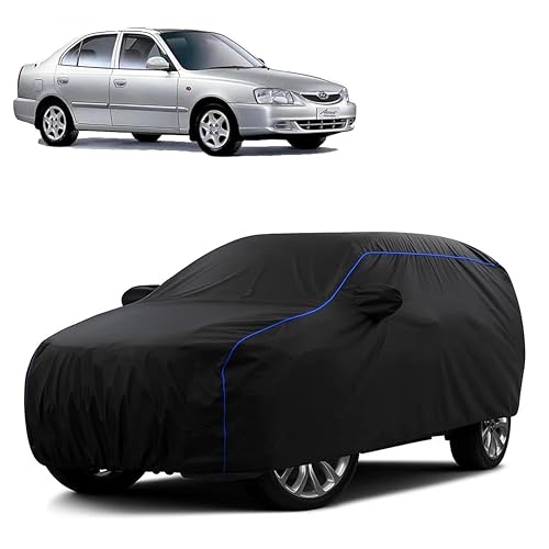 Image of Sulfar 100% Water Resistant Car Body Cover Compatible with Mirror for Hyundai Accent (Triple Stitched, Full Bottom Elastic, Black Tafetta with Blue Piping)