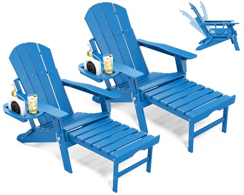 NAVINE Adjustable Adirondack Chair with Retractable Ottoman Set of 2, HDPE Folding Adirondack Chair with Cup Holder, All Weather Fire Pit Chair for Outdoor,Pacific Blue