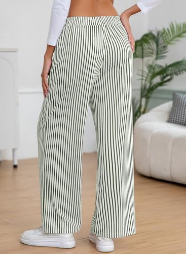 EVALESS Women's Striped Pants Spring Summer 2026 Comfy Pajama Pants High Waist Wide Leg Lounge Pants Patched Y2K Casual Trousers Lightweight PJ Bottoms with Pockets Green Stripe Medium - image 3