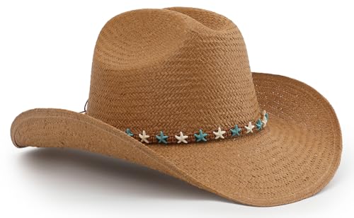 Image of Cowboy Hat for Women, Western Cowgirl Hat, Classic Straw Cattleman Cowboy Hat