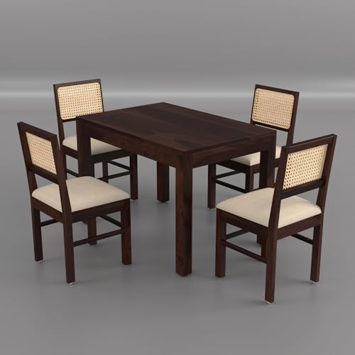Image of Cane Solid Sheesham Wood Dining Table Set of 4 | Four Seater Dining Table with 4 Chairs | 4 Seater Dining Table | Dining Table 4 Seater | Walnut Finish