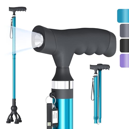 Walking Cane with LED Light for Seniors Men Women Adjustable Folding Canes for Elderly Ergonomic Handle & All Terrain Shock Absorbing Base Walking Sticks for Indoor Outdoor Travel Hiking Support