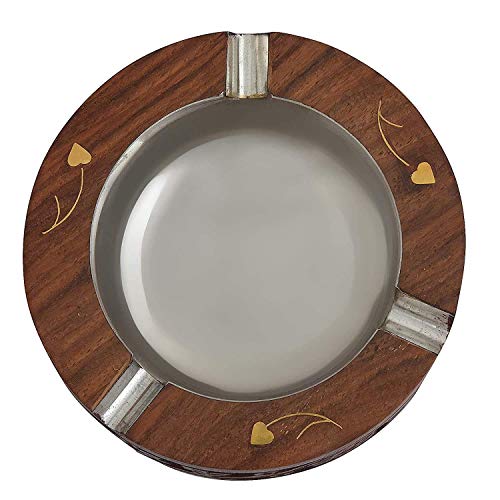Career Wooden Ash Tray for Office Home car/Pure sheesham Wood with Brass and Steel 3 Spots Smoking for Home, Car, Garden, (10, 10,2.4 cm)