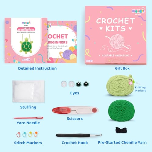 Image of Mewaii Crochet Kit for Beginners Level 2 with 40% Extra Eco-Friendly Pre-Started Easy Yarn, Step-by-Step Video Tutorials for Adults and Kids (Turtle Crossbody Bag)