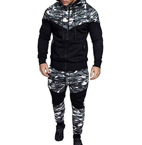 Mens Long Sleeve Camo Hoodies Sweatshirt + Tracksuit Long Pants 2Pcs Sets with Pockets (X-Large, Gray)