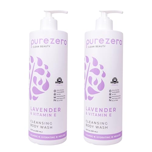 Purezero Lavender & Vitamin E Body Wash, Calms and Invigorates Skin - Leaves Skin Hydrated, Maintain Elasticity and Smoothness, Zero Sulfates, Parabens, or Dyes (20oz, 2 Pack)