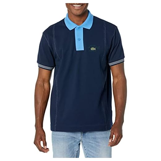 Lacoste Contemporary Collection's Men's Short Sleeve Classic Fit Color Blocked Polo Shirt, Navy Blue/Ethereal, X-Large