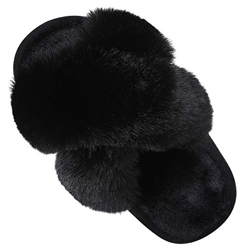 Girl's Soft Plush Lightweight House Slippers Non Slip Cross Band Slip on Open Toe Cozy Indoor Outdoor Slippers BK36-37 Black