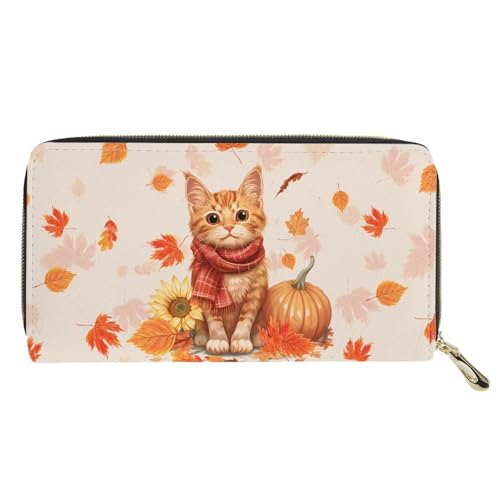 GIFTPUZZ Autumn Cat Leather Long Zipper Around Cash Wallets with Coin Pocket Large Clutch RFID Blocking Wallet for Women with Cash Card Sloths Thanksgiving2