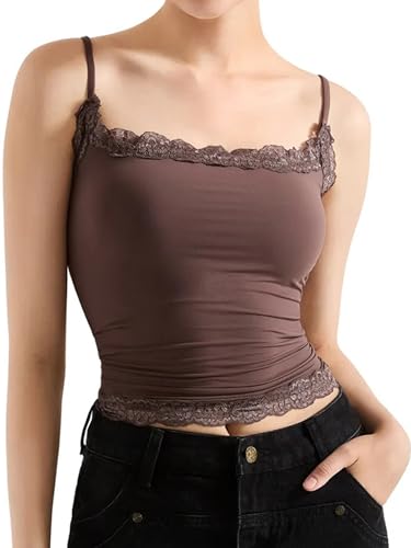 Springcmy Women's Sexy Square Neck Lace Trim Cami Tank Tops Double Lined Fitted Sleeveless Crop Spaghetti Strap Summer Y2k Tops Camisole (B Dark Brown, S)
