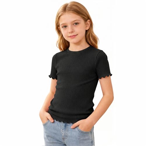 Image of Supcomsta Girls Short Sleeve T Shirt Summer Ribbed Knit Top,Lightweight Crew Neck Tee Ruffle Hem Casual Stretch Shirt for Kids (UK, Age, 13 Years, 14 Years, Regular, Black)