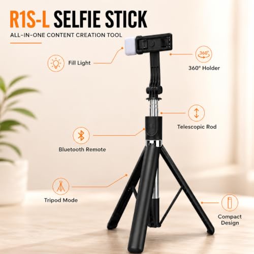 Image of 3-in-1 Extendable Bluetooth Selfie Stick with Tripod Stand & Wireless Remote Bluetooth Selfie Stick (Black, Remote Included) R1SL By UNBREAKcable
