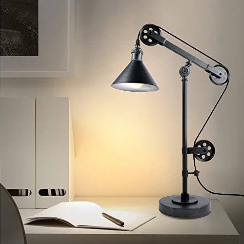 Lamqee Table Lamp Industrial Pulley Table Lamp Steel Shade End Desk Light With Adjustable Arm For Bedroom Bedside Nightstand Living Room Office Study Room Table #TOP5