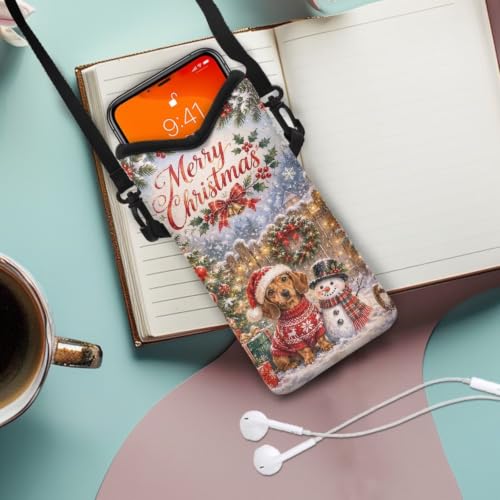 Image of Neoprene Crossbody Phone Pouch for Christmas Small Shoulder Bag Portable Mini Travel Bag for Phone, Keys, Lipstick, 8 x 4 inch, Dachshund Dog Snowman Merry Christmas Print